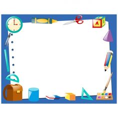 a blue background with various school supplies and a white sheet for writing or drawing on it