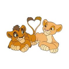 two cartoon lions sitting next to each other with a heart shaped object in the background