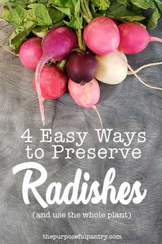 radishes on a chalkboard with the words 4 easy ways to preserve radishes and use the whole plant