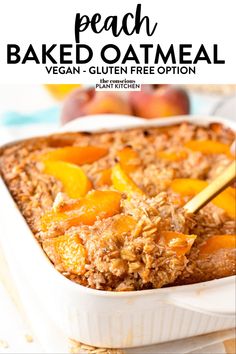 peach baked oatmeal in a white baking dish