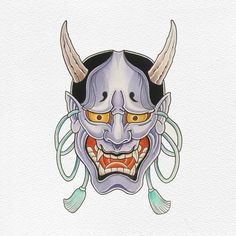 a drawing of a demon mask with horns and wings on it's head,