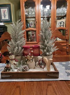 two potted plants sitting on top of a wooden tray in front of a china cabinet