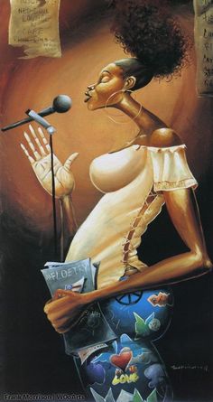 a painting of a woman holding a microphone in front of a microphone with music notes on it