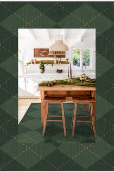 an image of a kitchen with green carpeting and wooden table in front of the counter