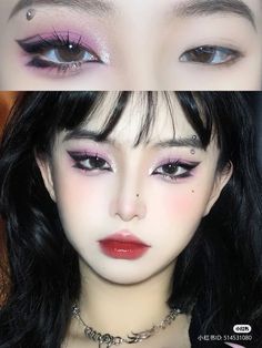 Eye Makeup For Purple Hair, Draculaura Eye Makeup, Kuromi Eye Makeup, Purple Asian Makeup, Draculaura Makeup Inspiration, Douyin Makeup Purple, Kuromi Inspired Makeup, Goth Douyin Makeup, Purple Douyin Makeup