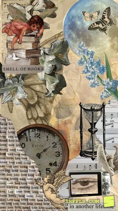 an altered collage with clocks, flowers, and angel images on it's side