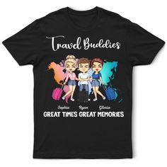 The best memories are made with friends on the road. Celebrate your adventures with the "Travel Buddies Great Times Great Memories" Personalized T-Shirt. This awesome and unique t-shirt is the perfect gift for your bestie or sibling, capturing the joy and excitement of your travels together. Whether you’re preparing fo Travel Buddies, Gift For Your Bestie, Travel Buddy, Personalized T Shirt, Adventure Vacation, Unique T Shirt, Travel Shirts, Travel Memories, Great Memories