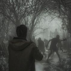 a group of people walking through a forest on a foggy day in the dark