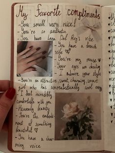 a hand holding a notebook with writing on it and pictures of flowers in the pages