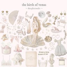 the birth of venus is shown in this image, with its accessories and other items