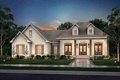 this is an artist's rendering of the front elevation of these country house plans