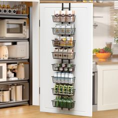 a kitchen with a pantry door and shelves filled with food