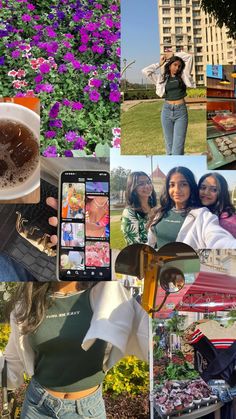 a collage of photos with people taking pictures and drinking coffee in front of flowers