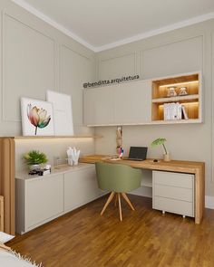 an office with wooden floors and white walls, has a computer desk in the corner