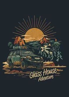 an suv with mountains and trees in the background is shown on a black t - shirt that says glass house adventure