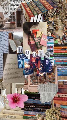 a collage of books and flowers on top of each other