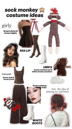 an advertisement for sock monkey costume ideas, featuring different types of clothing and accessories on mannequins