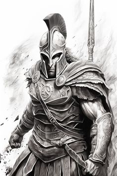 A powerful and intense depiction of Ares, god of war, in full armor with a spear, ready for battle. God Ares, Ares God, Warrior Drawing, Greek And Roman Mythology, Roman Mythology, Greek Gods, Gods And Goddesses, Pomegranate