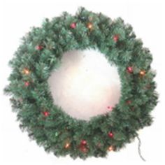 a green wreath with red and white lights