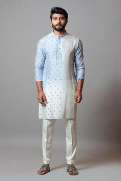 Shop for Paarsh Blue Bam Silk Horizon Embroidered Kurta Set for Men Online at Aza Fashions Mens Evening Wear, Boys Kurta Design, Haldi Outfits, Indian Groom Wear, Gents Kurta Design, Haldi Outfit, Gents Kurta, Kurta Patterns, Kurta Set For Men