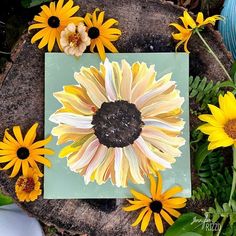 a painting of a sunflower on a piece of paper surrounded by yellow and white flowers