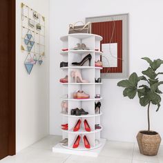 there is a white shelf with many pairs of shoes on it and a potted plant in the corner