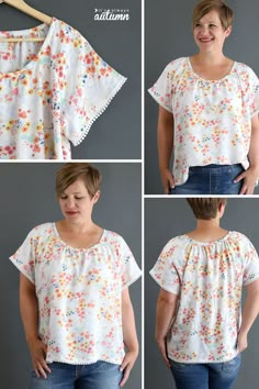 four different pictures of a woman wearing a white top with flowers on the front and back