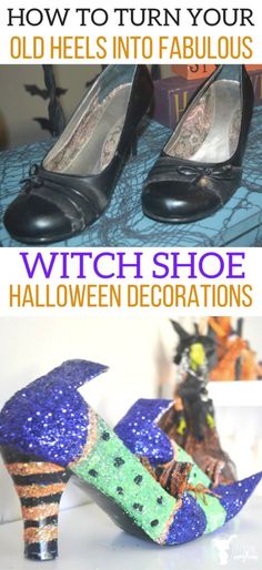 two pictures with different shoes on them and the words witch shoe halloween decorations written below