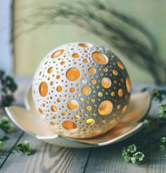 an egg sitting on top of a saucer next to some green plants and flowers