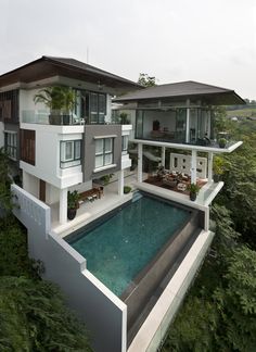 an aerial view of a house with a pool in the foreground