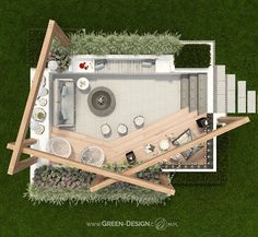 an aerial view of a small backyard with patio furniture and outdoor dining area in the center