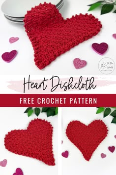 crochet heart dishcloth is shown with hearts around it and the text overlay reads, free crochet pattern