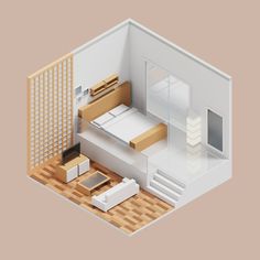 a room with a bed and some boxes on the floor