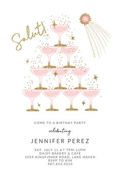 a pink and gold birthday card with champagne glasses on top of each other, in spanish