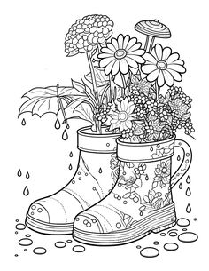 a boot with flowers and an umbrella in the rain coloring pages for kids, free printable