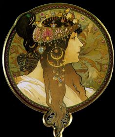 a painting of a woman with an ornate headpiece on it's face is shown