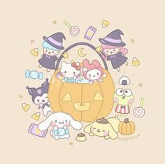 hello kitty halloween wallpaper with pumpkins, cats and other animals in it's basket