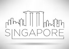 the word singapore written in black and white with an outline of some buildings behind it