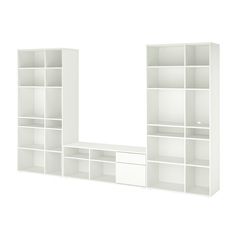 a white bookcase with drawers and shelves on the side, against a white background