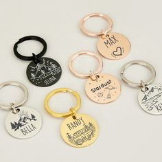 six different types of key chains with names on them