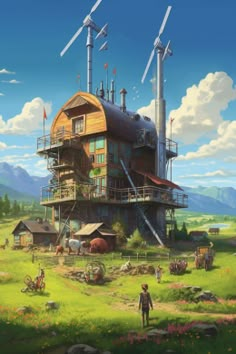 an artist's rendering of a house in the middle of a field with windmills