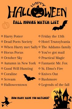 a halloween movie list with pumpkins and bats