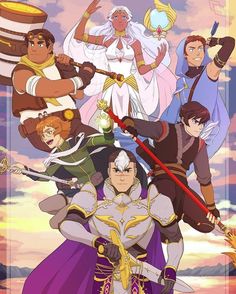 an anime poster with many different characters in the same group, including two men and one woman