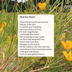 some yellow flowers and green grass with a poem written in the bottom right corner that says mind over matter