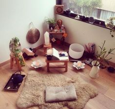 a living room filled with lots of furniture and plants on top of a hard wood floor