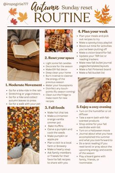 an autumn routine is shown with leaves and other things to do in the fall season