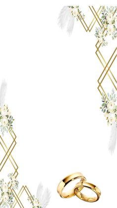 two gold wedding rings with white flowers and feathers in front of an artistic background that is made up of golden geometric lines