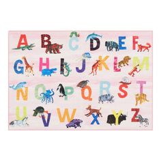 the alphabet is made up of animals and letters on pink paper with white writing that says abc, c, e, g, h, l, n, o, w,