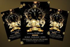 three black and gold new year's eve party flyer templates with golden clock