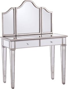 a mirrored vanity with two drawers and a mirror on the top, in front of a white background